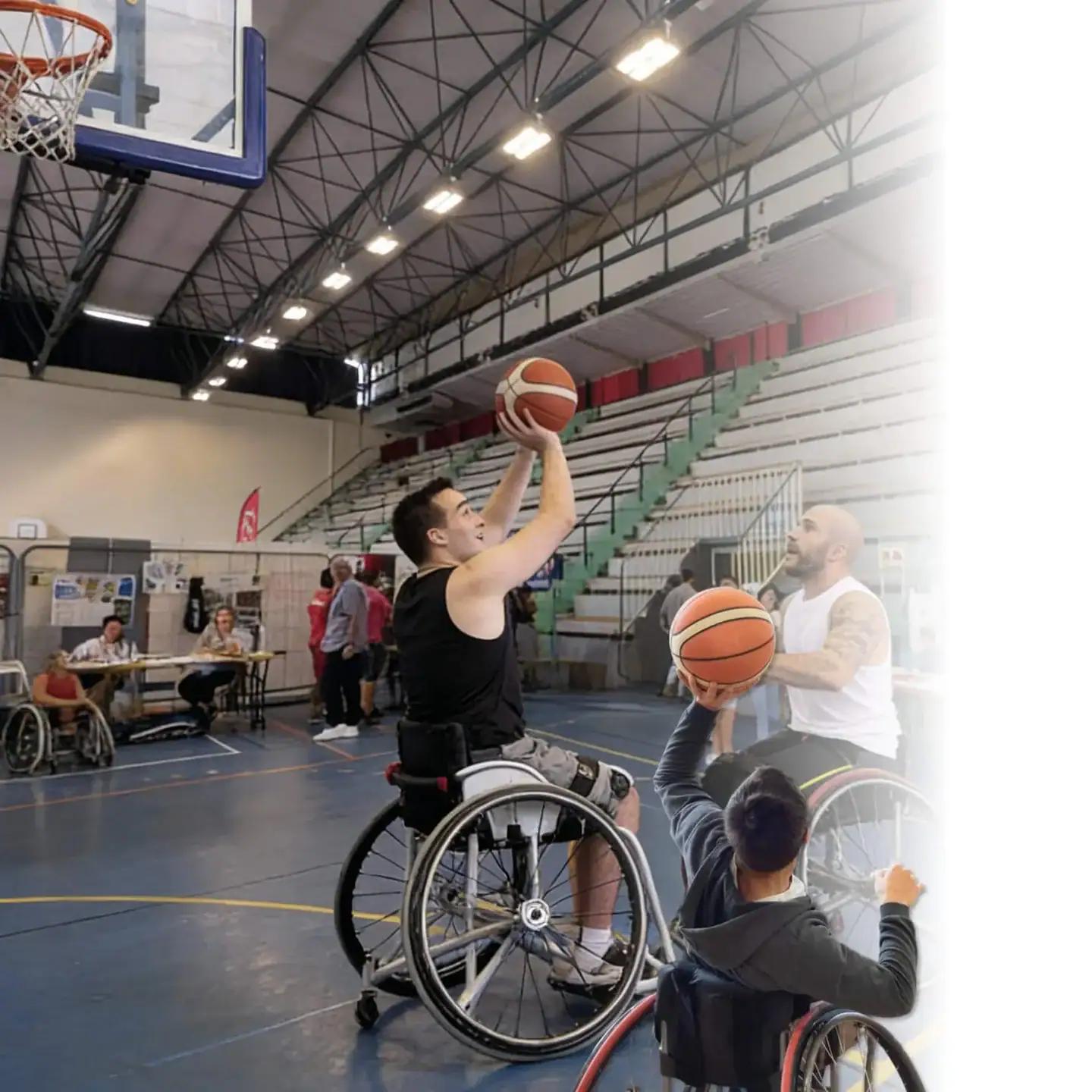 Basket en fauteuil roulant, joueurs tirant au panier.