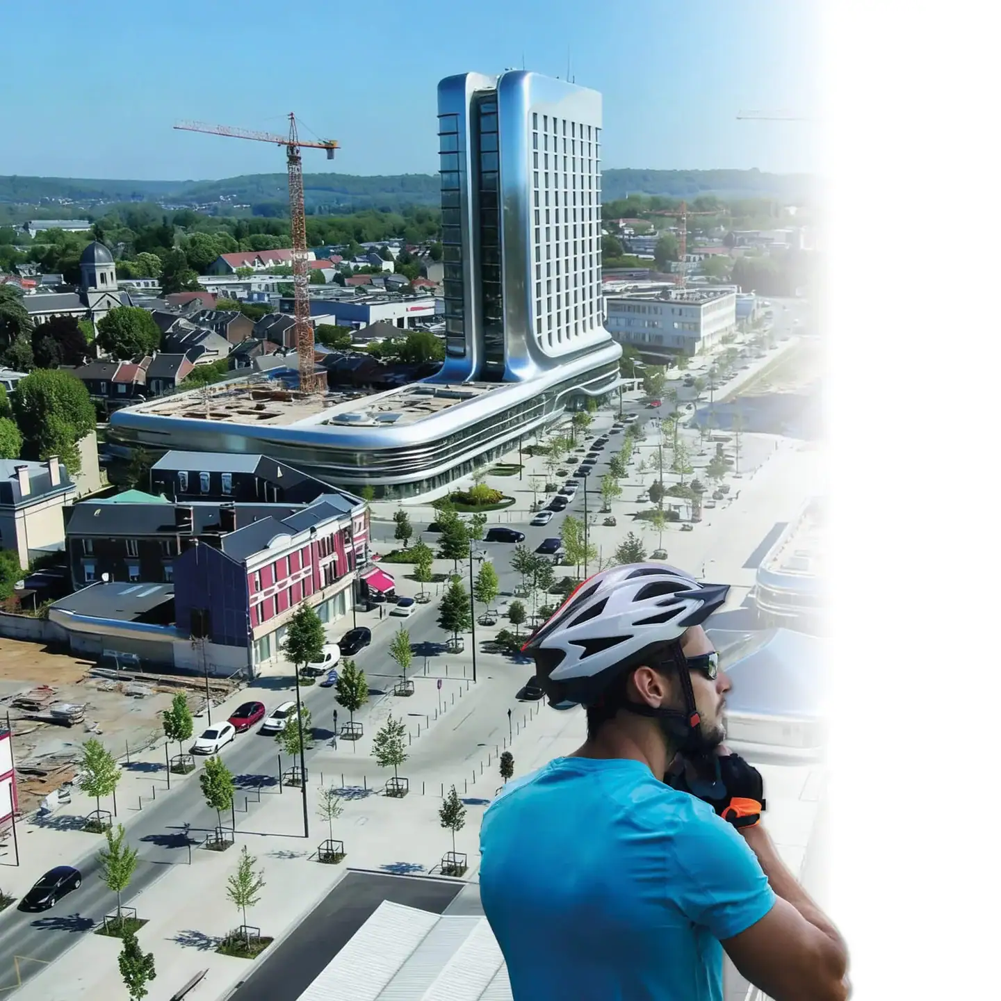 Cycliste observant un bâtiment moderne en ville.